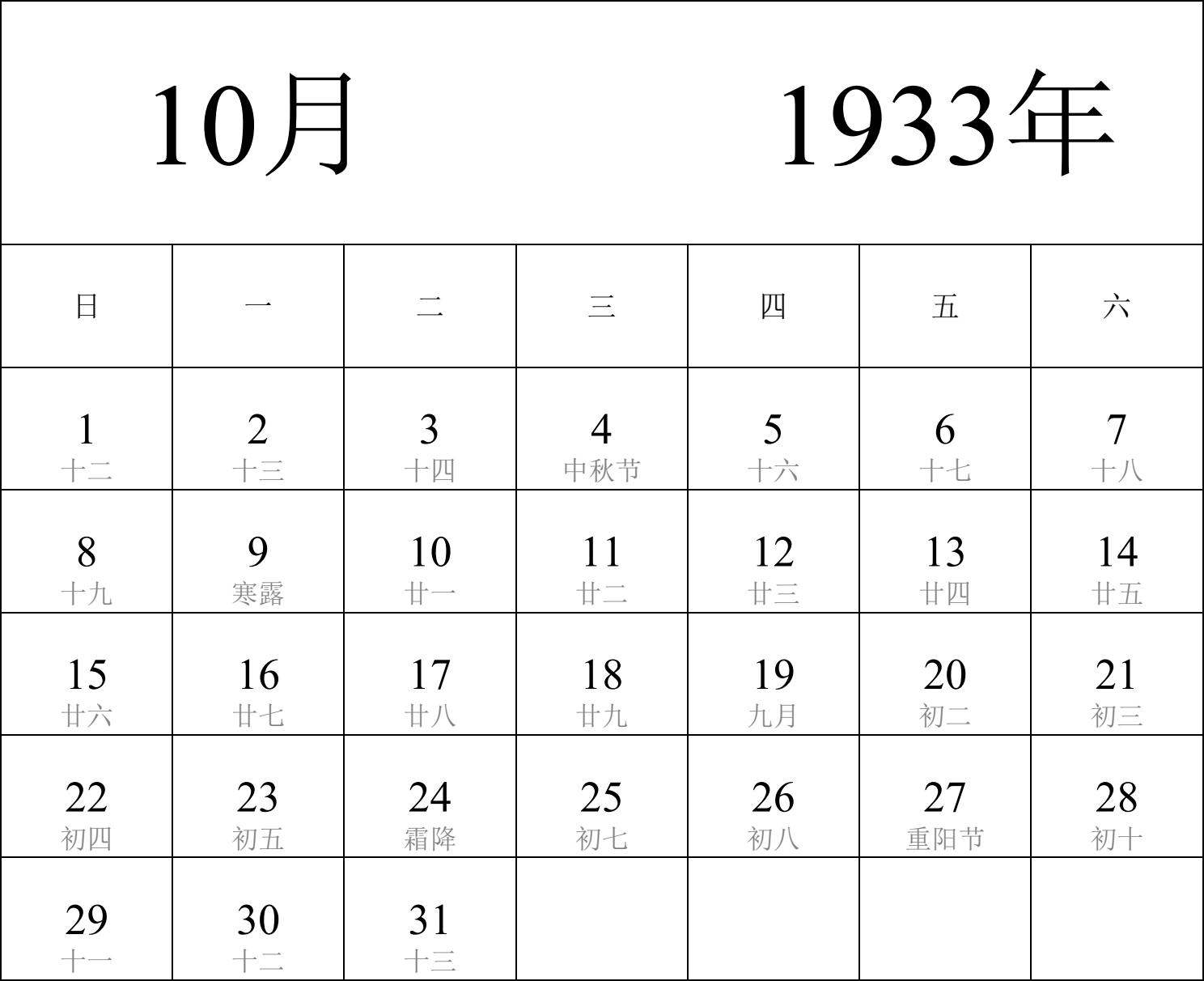 日历表1933年日历 中文版 纵向排版 周日开始 带农历 带节假日调休安排